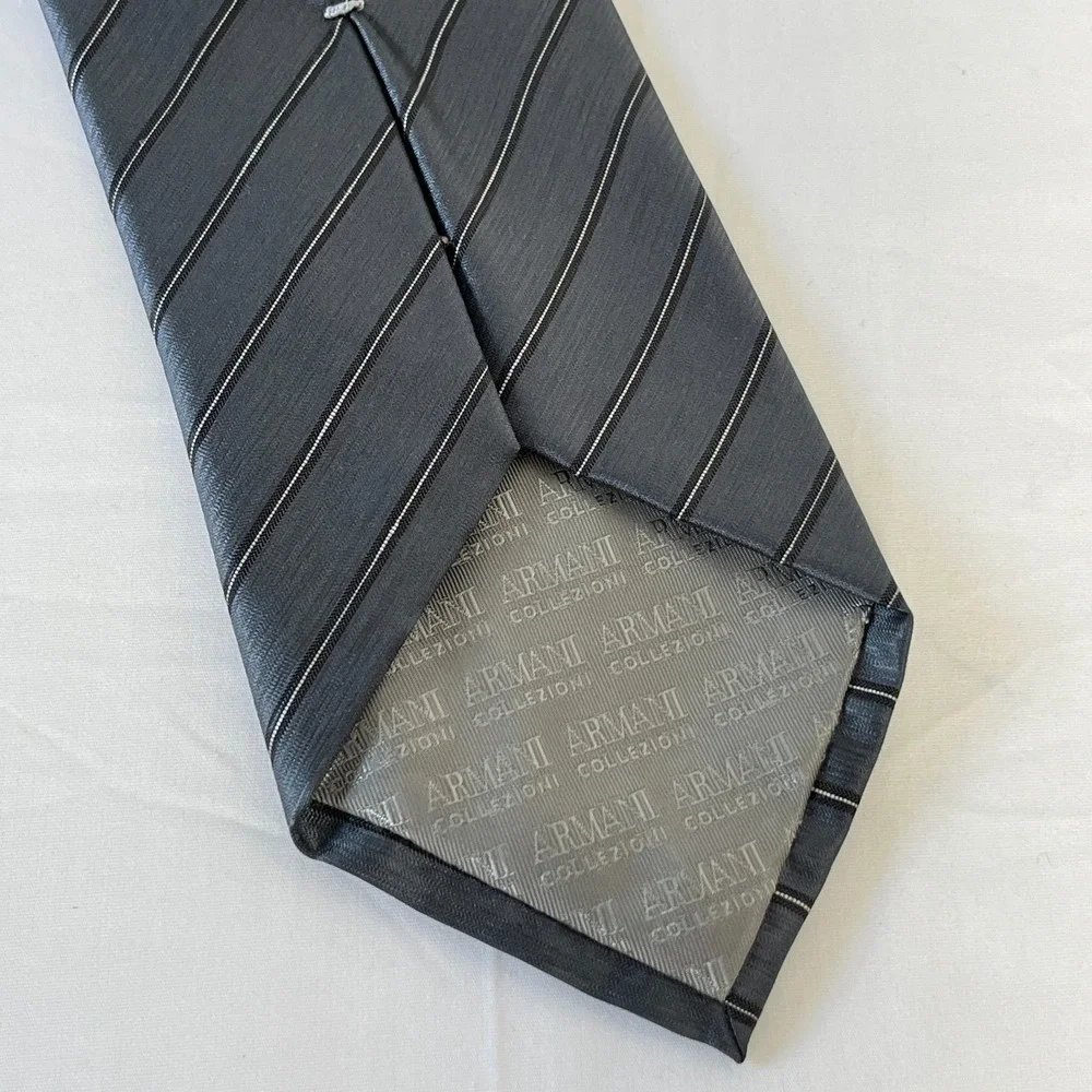 Armani‎ Collezioni Tie Gray Striped Silk Linen Blend Made in Italy Sateen Finish